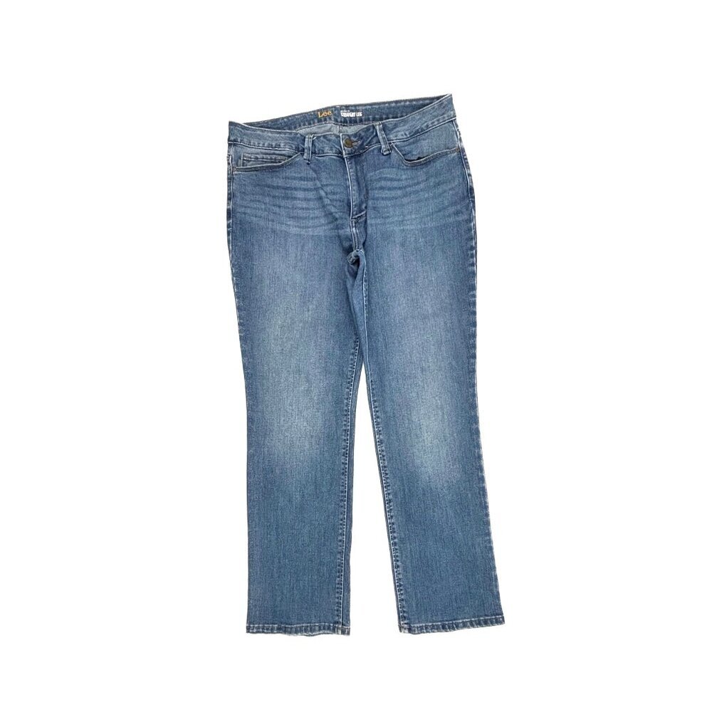 Lee Jeans Women 14P Blue Perfect Fit Straight‎ Leg Medium Wash Denim